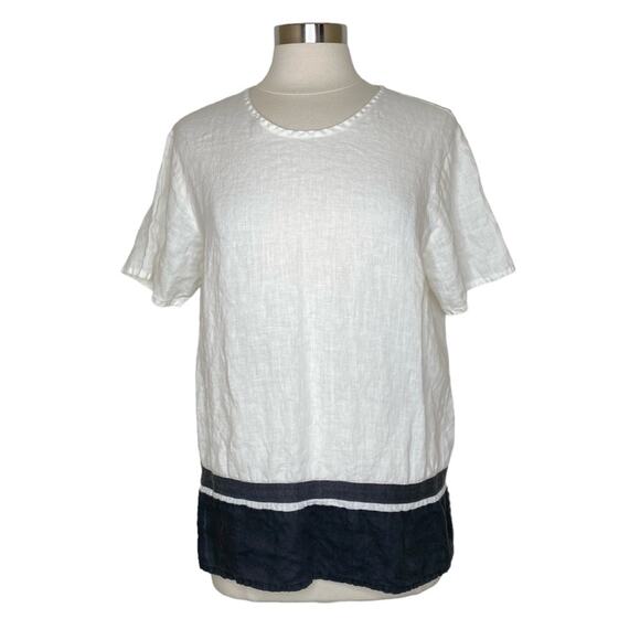 Flax Cream Black Trim Linen Short Sleeve Top Women's Small Minimalist Lagenlook - Picture 1 of 9